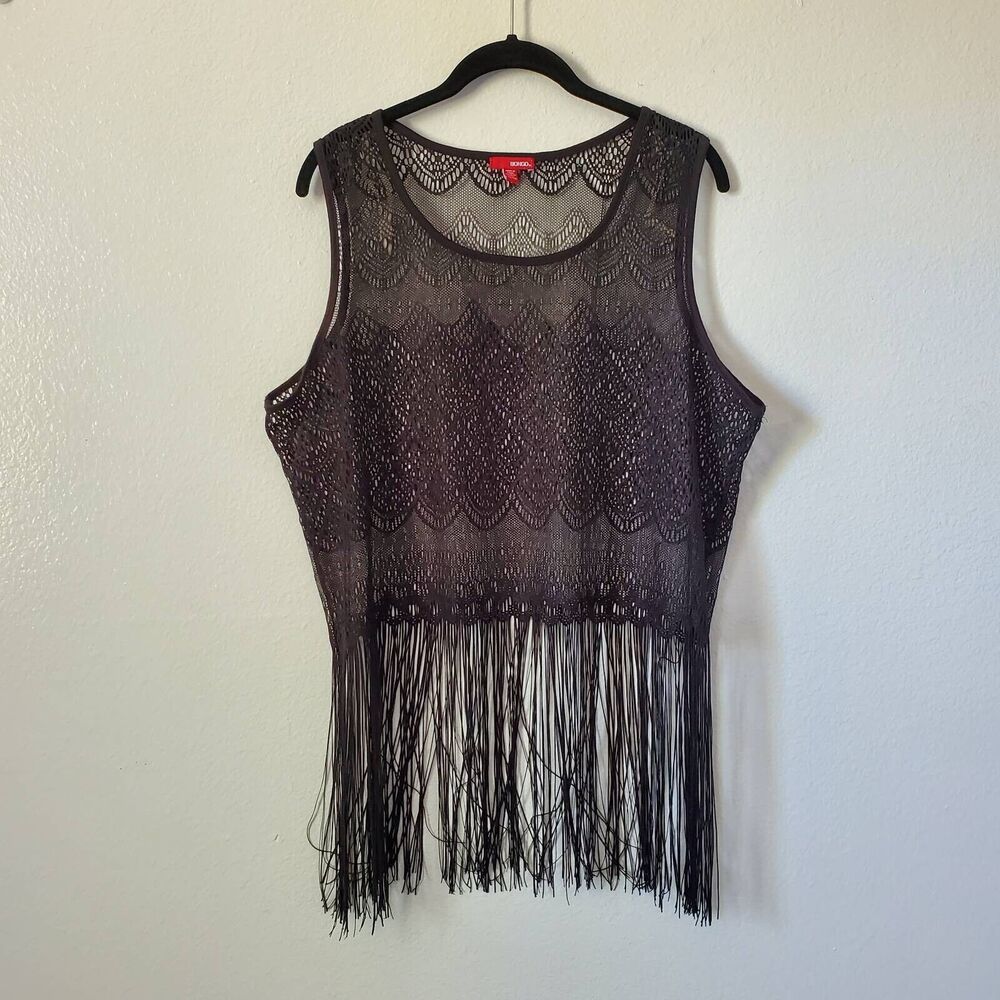 Bongo Crochet Fringe Top 1X Black Lace Sleeveless Scoop Neck Sheer Hippie Boho